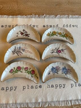 Vintage Floral Porcelain Crescent Dishes - Set of 12